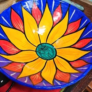 Hand-Painted Ceramic Sunflower Wall Bowl - Yellow Blue Red